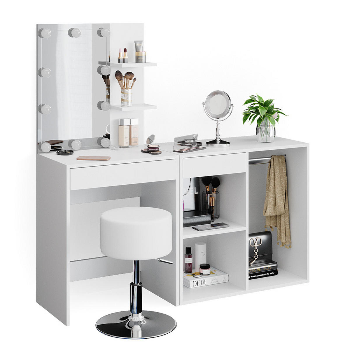 SCHMINKTISCH Isabelle Weiß 60 cm mit LED, Hocker und Schrank - Weiß, Holzwerkstoff (60/140/40cm) - Vicco
