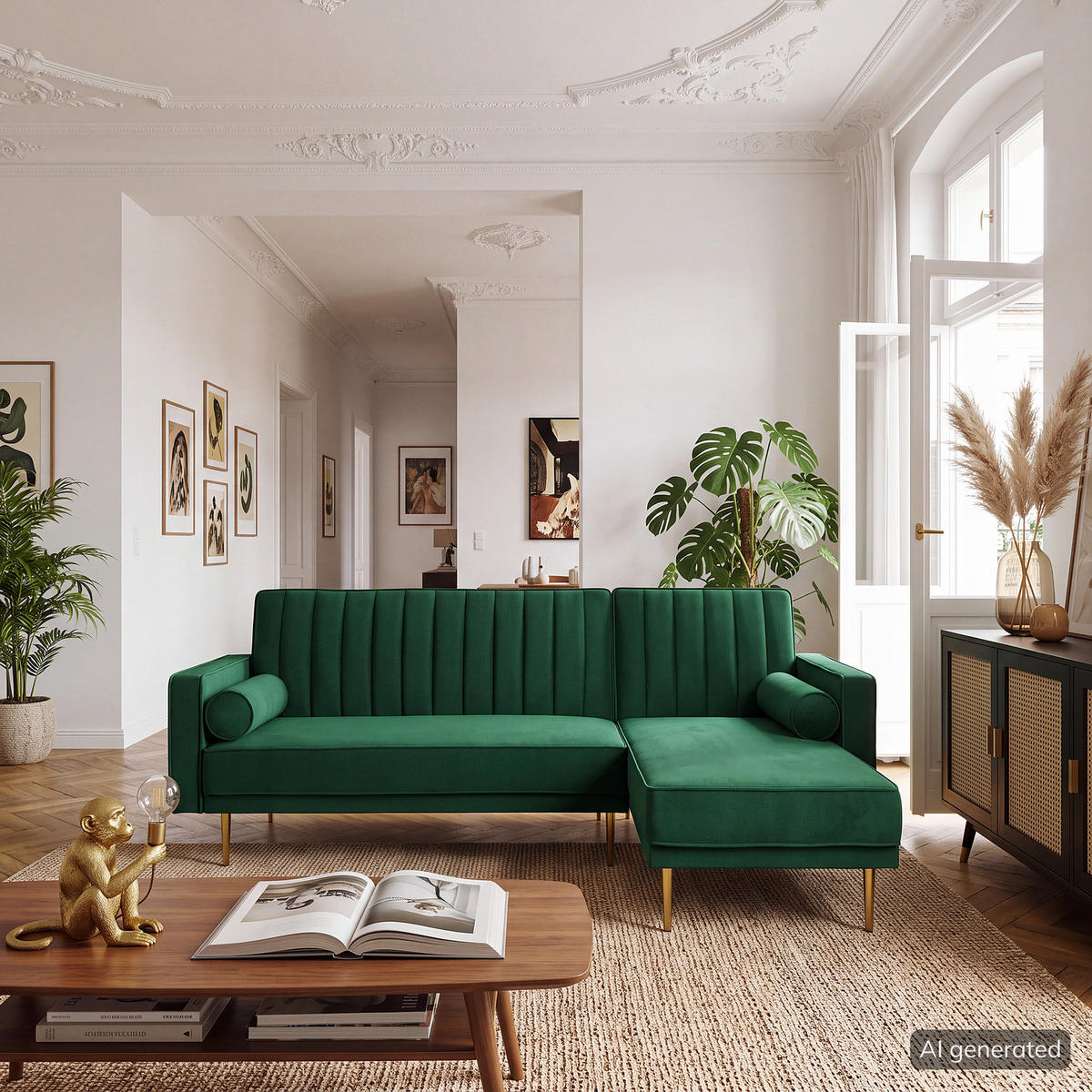 ECKSOFA mit Schlaffunktion - Dunkelgrün/Goldfarben, Textil/Metall (223/144cm) - home24