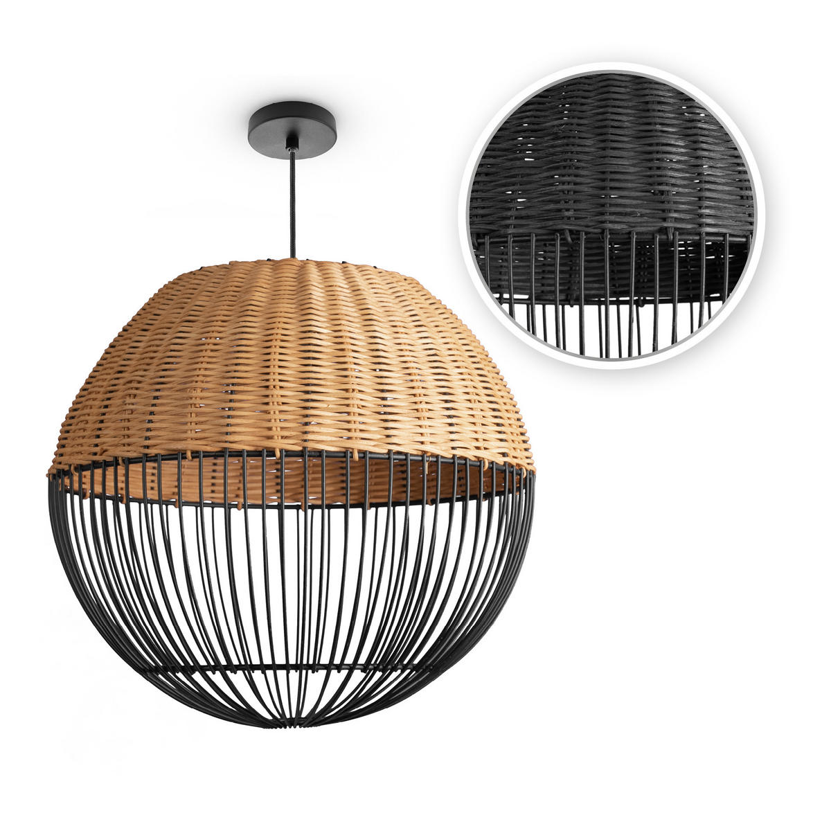 PENDELLEUCHTE Puro - Schwarz/Naturfarben, Metall (30/30/29cm) - Paco Home