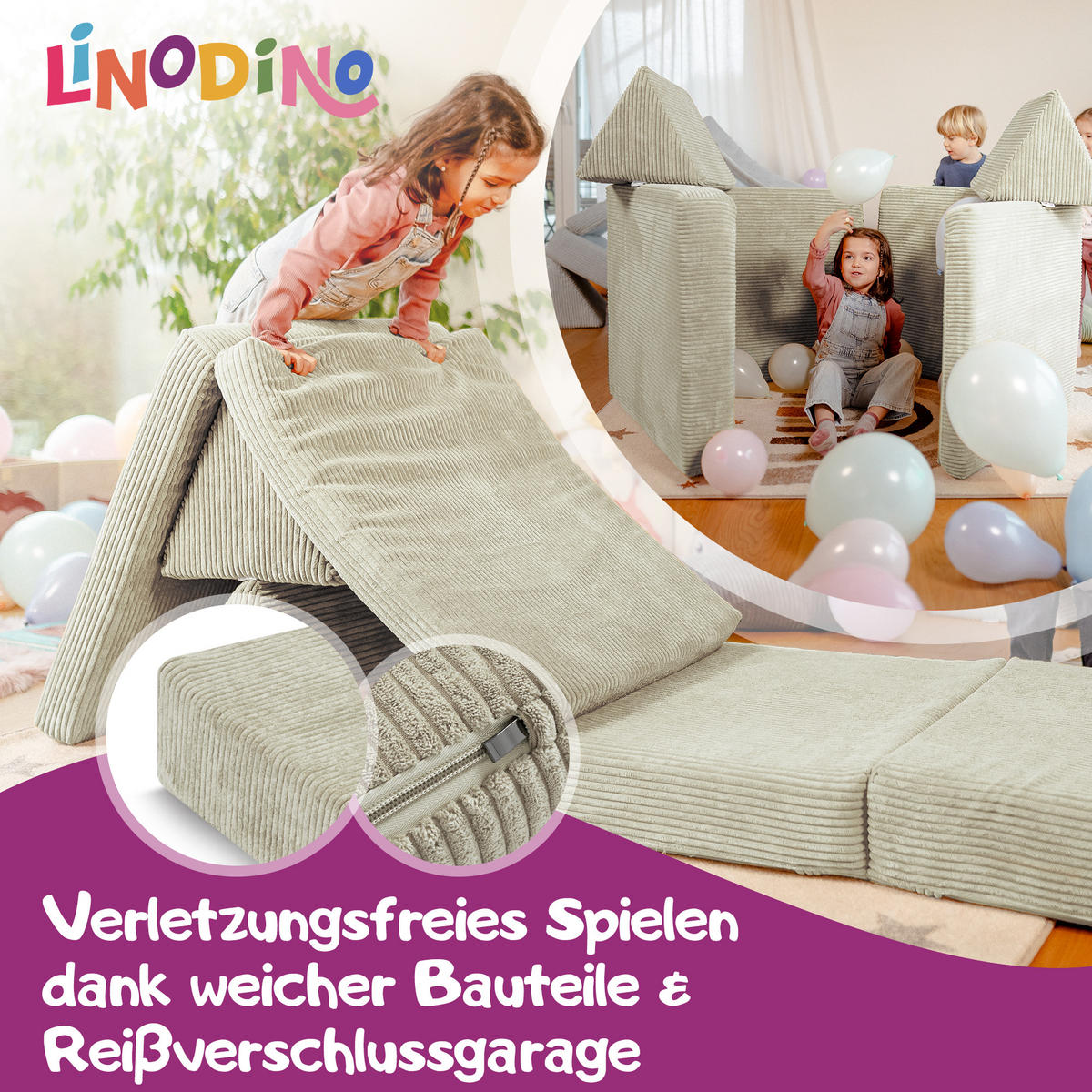 KINDERSOFA Spielparadies - Hellgrau, Textil (66/52/150cm) - Linodino