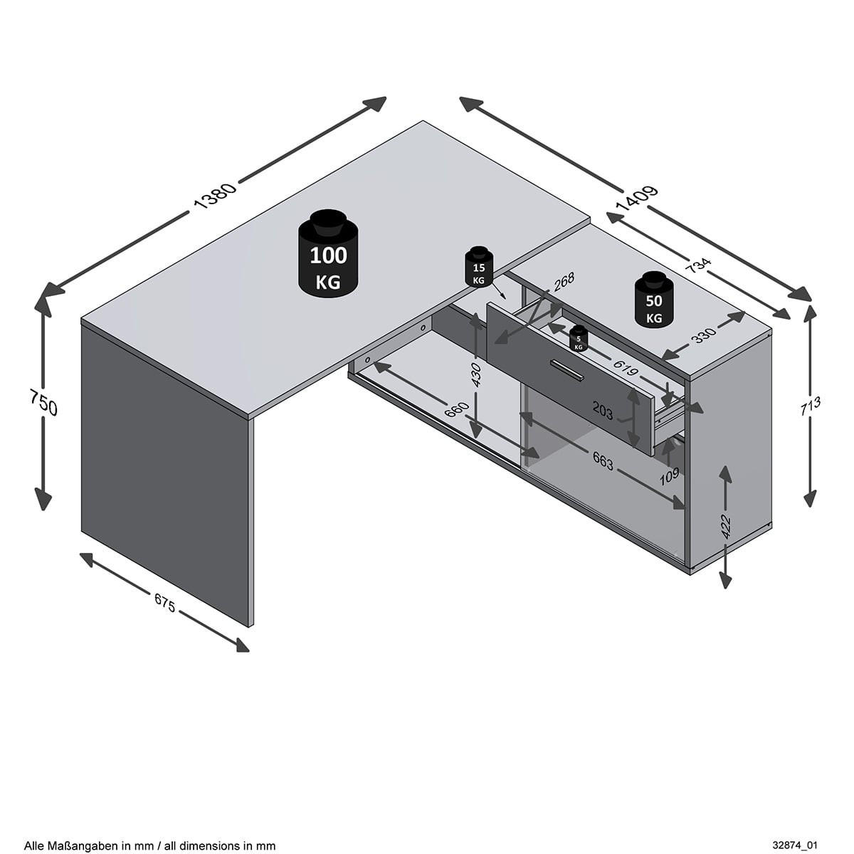 ECKSCHREIBTISCH mit niedrigem Stauraum, umwandelbar, L138cm - Diego - Eiche Artisan, Holzwerkstoff (39.5/138/75cm) - Calicosy