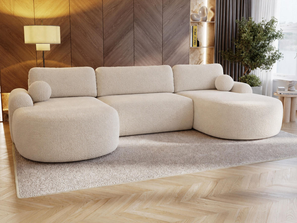 ECKSOFA Aurio U Bouclé-Stoff Weiß - Schwarz/Weiß, Kunststoff/Textil (347/177cm) - Graingold