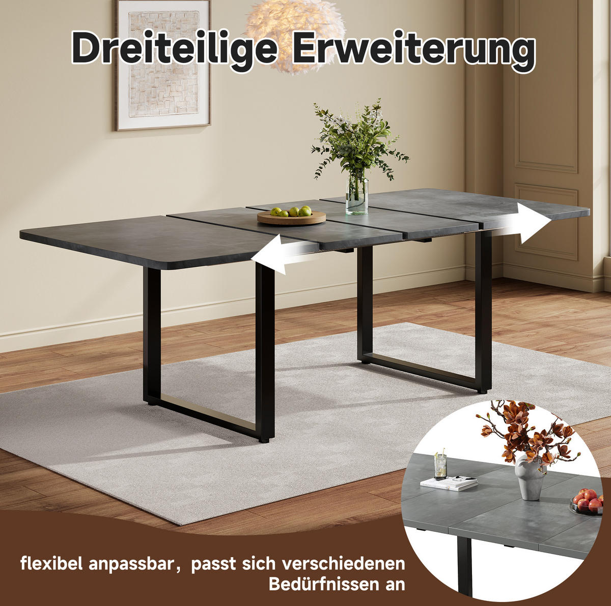 ESSTISCH 140/180/220 x 80 cm in Grau aus MDF, ausziehbar für 6-10 Personen - Grau, Holzwerkstoff (220/90/75cm) - Flora Grace