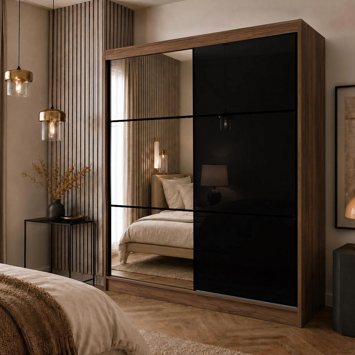 SCHWEBETÜRENSCHRANK Viva II mit Schubladen und Spiegel, mit Lacobel-Glas, 200/216/61 Walnuss - Walnussfarben, Holzwerkstoff (200/216/61cm) - Beautysofa