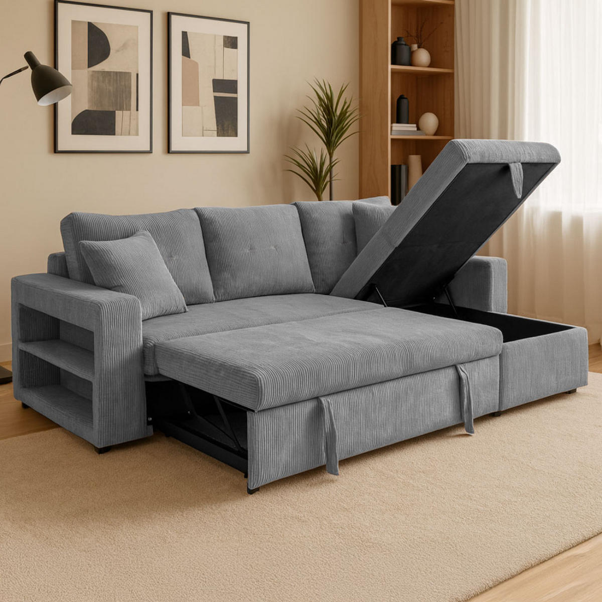 ECKSOFA mit schlaffunktion glasgow grau 4-sitzer cord - Grau, Holz (233/113cm) - Concept Usine