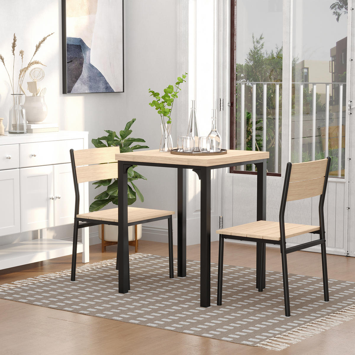3-TEILIGE Essgruppe Küchentisch mit Metallgestell Esszimmergruppe Sitzgruppe - Schwarz/Naturfarben, Holzwerkstoff/Metall (60/76/60cm) - HOMCOM