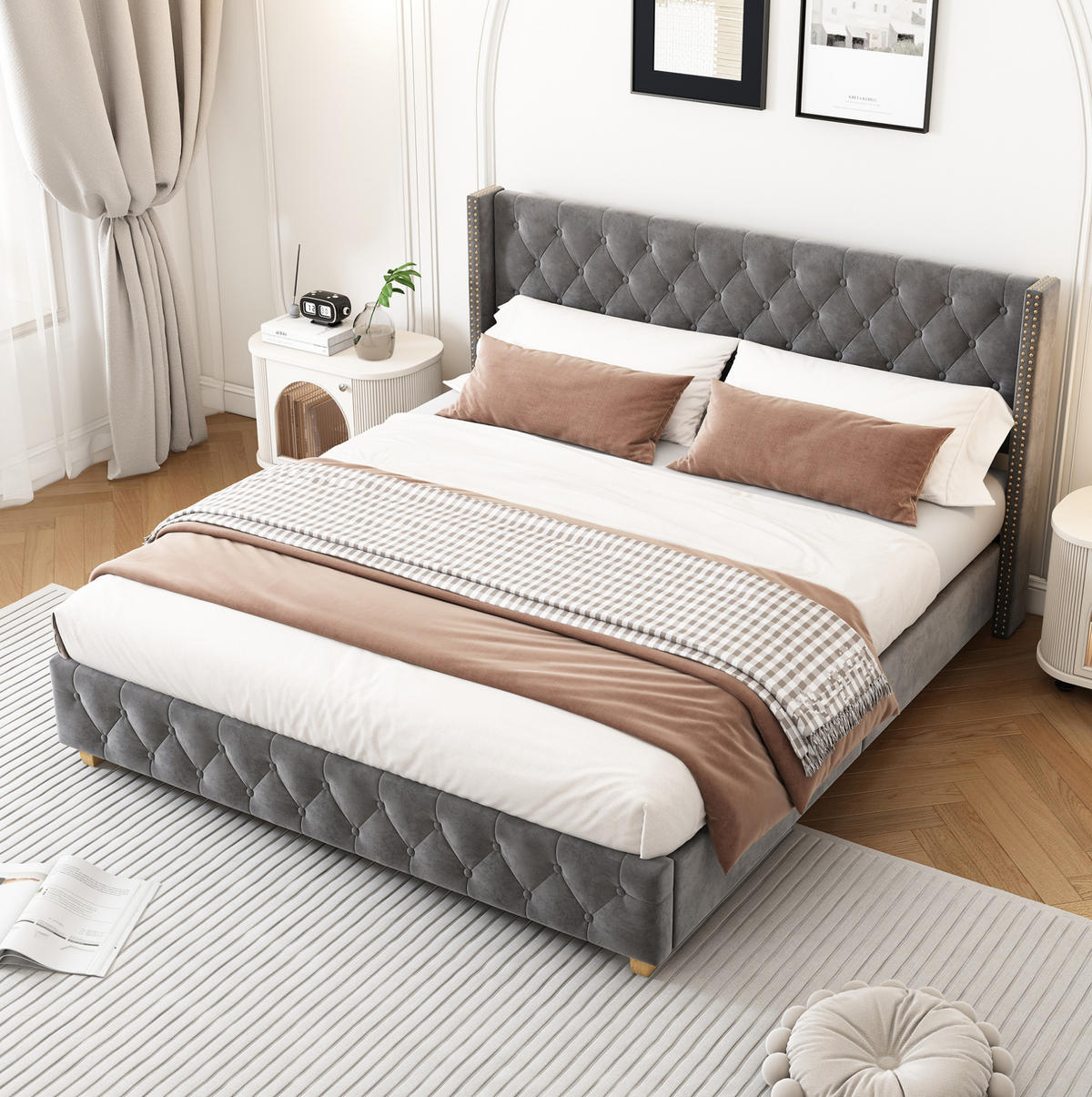 POLSTERBETT 160/200 cm aus Samt mit Lattenrost und gepolstertem Kopfteil Grau - Grau, Textil (160/200cm) - Modenvie