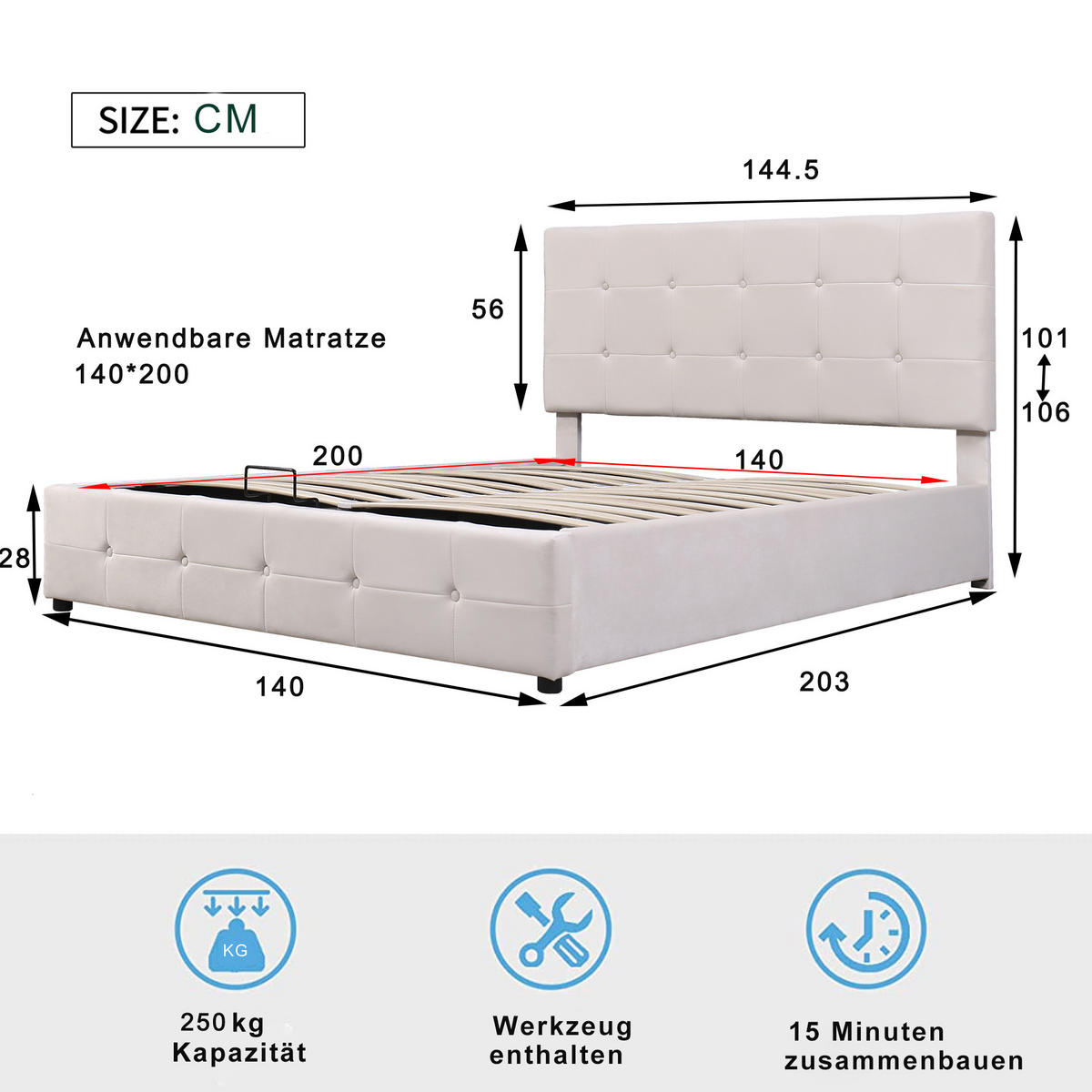 POLSTERBETT 140/200 cm Cremeweiß mit Stauraum aus Samt mit hydraulischem Bettkasten - Weiß, Textil (140/200cm) - OKWISH