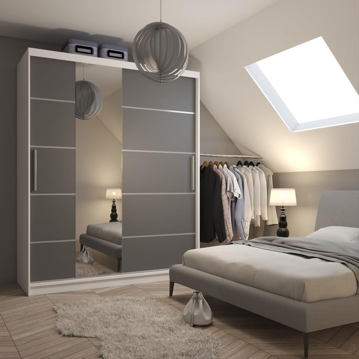 SCHWEBETÜRENSCHRANK Verona MBP, Weiß/Grau Matt, 158 cm, mit Spiegel - Grau, Holz (158/216/60cm) - B BELINI GROUP