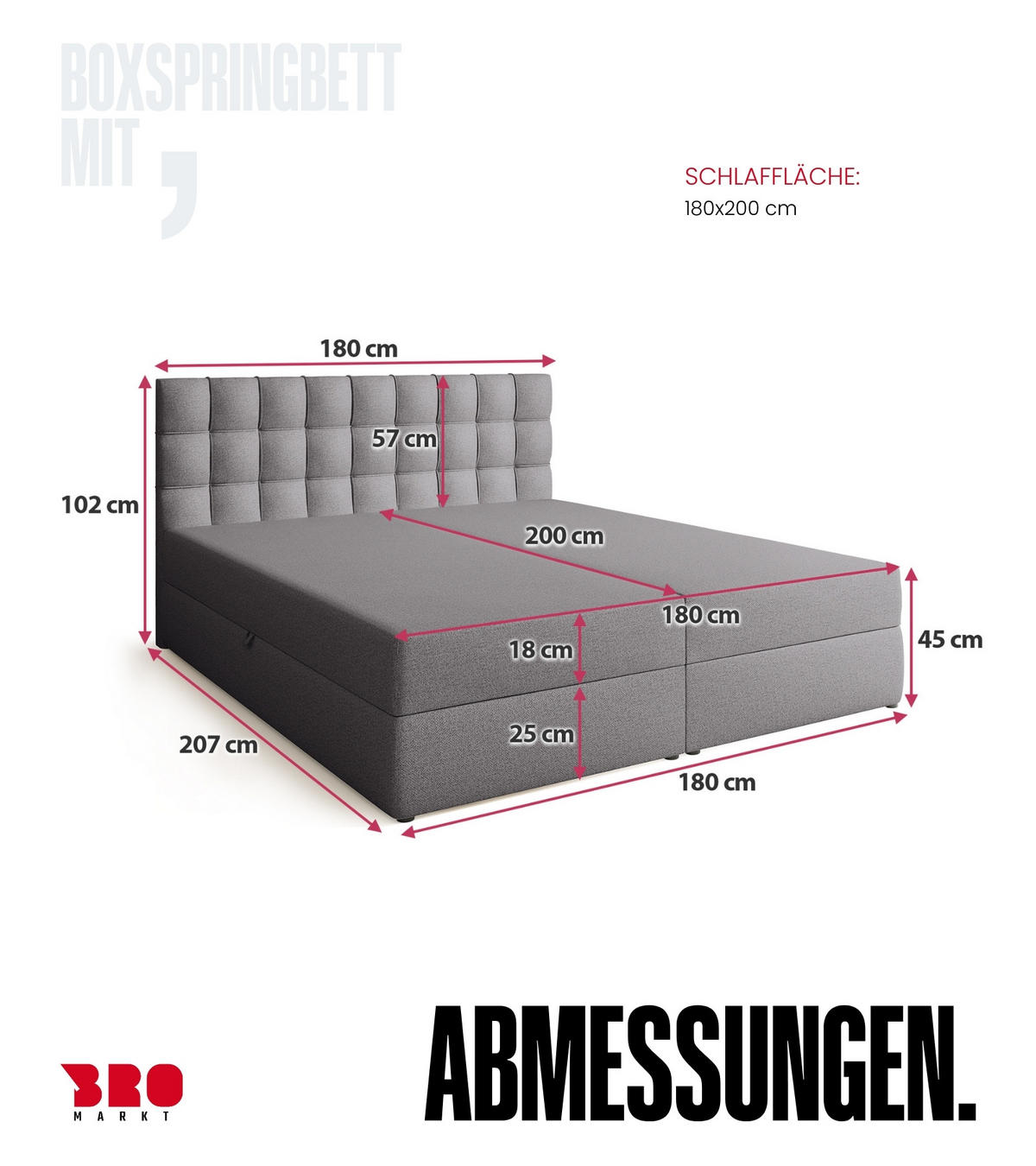 BOXBETT Detroit mit Topper 180/200 Grau - Grau, Textil (180/200cm) - Bromarkt