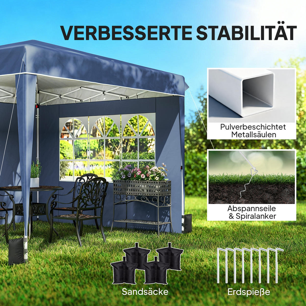 PAVILLON 3 x3 m Wasserdicht höhenverstellbar Pop-up Faltpavillon Dunkelblau - Weiß/Dunkelblau, Textil/Metall (300/275/300cm) - Outsunny