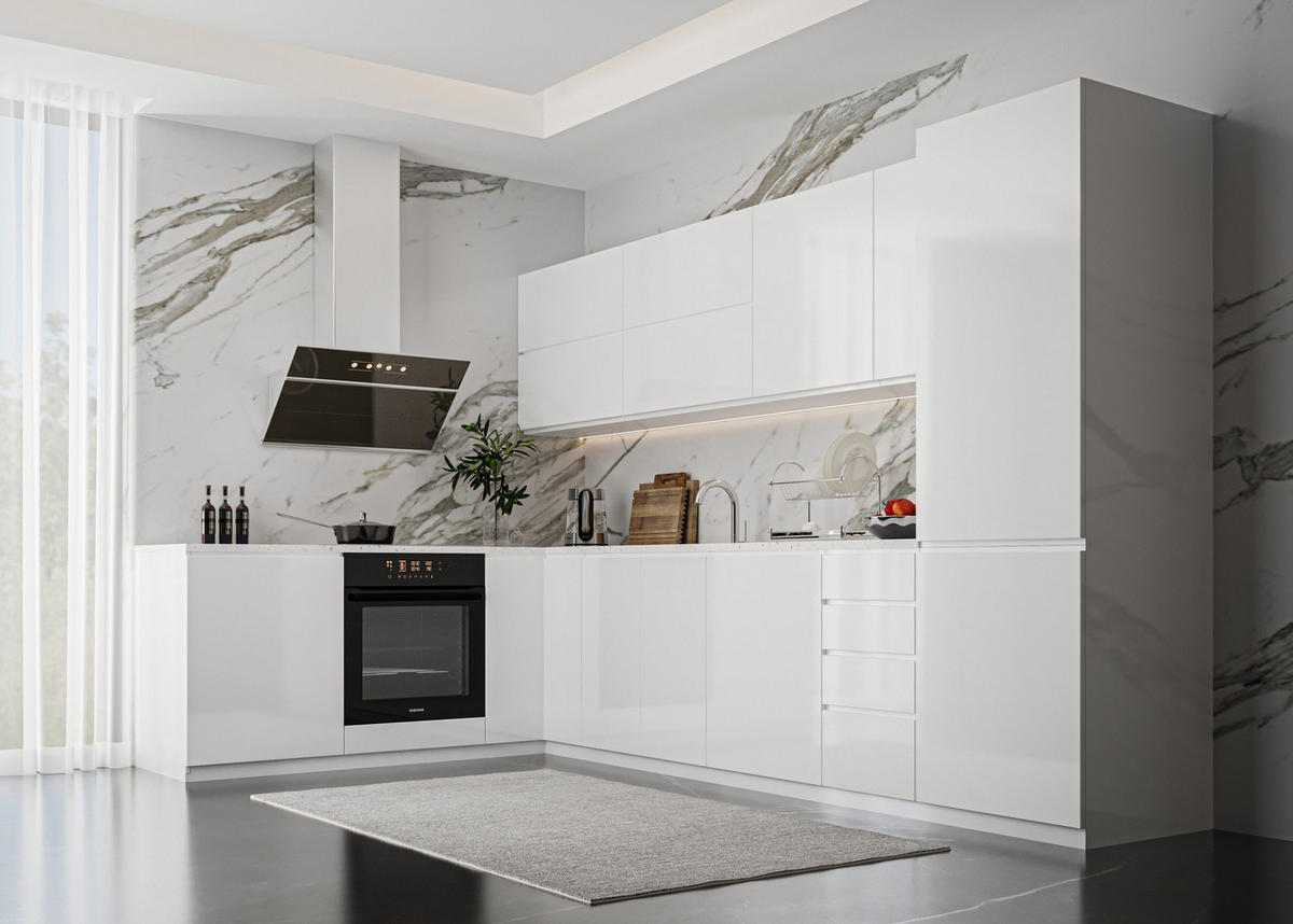 ECKKÜCHE 330/210 cm - Aspen K5 -M330 in Weiß/Hochglanz - Weiß Hochglanz, Holz (330/212/210cm)