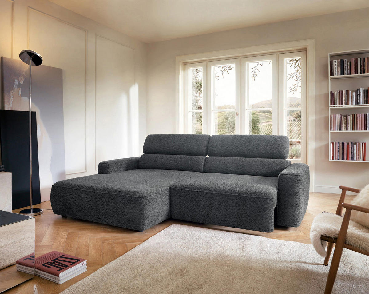 ROHOVÁ pohovka Fando s elektricky výsuvným sedákem, tmavě šedý ženil, levá - černá/tmavě šedá, textil/plast (252/182cm) - Selsey