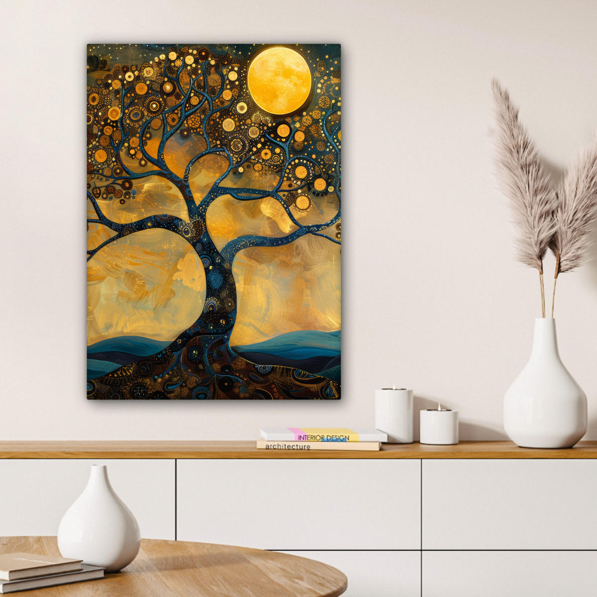 LEINWANDBILD Baum - Mond - Blumen - Gold - Kunst Wandbild Wohnzimmer 60x80 cm - Orange, Textil (60/80cm) - MuchoWow