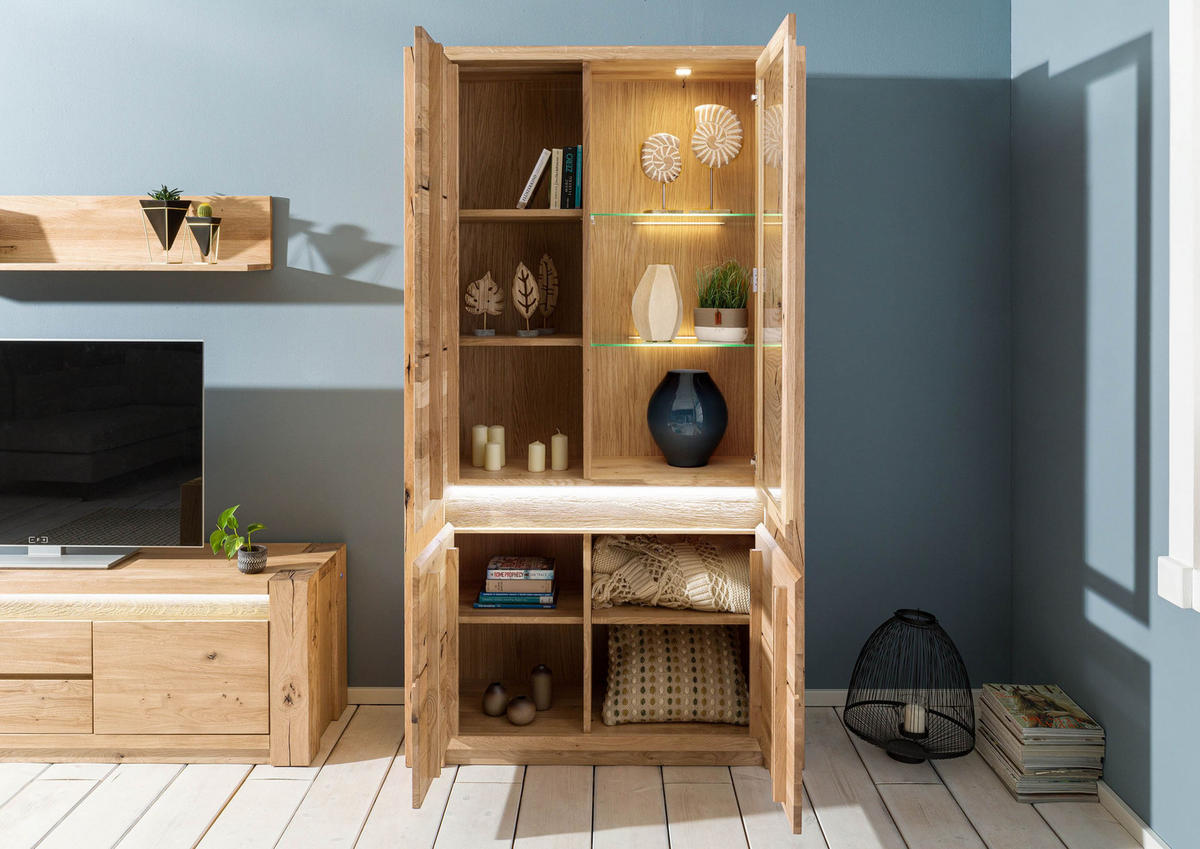VITRINE Wildeiche 113x40x205 beige geölt KENT #202 - Beige, Holz (113/205/40cm) - Massivmoebel24