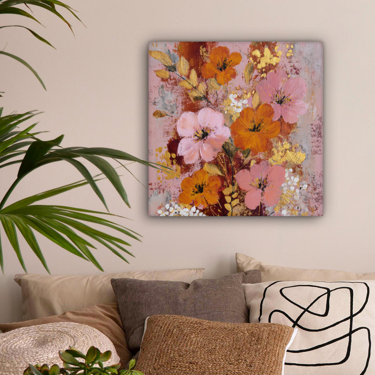 LEINWANDBILD Malerei - Blumen - Rustikal - Rosa Wandbild Wohnzimmer 50x50 cm - Altrosa, Textil (50/50cm) - MuchoWow