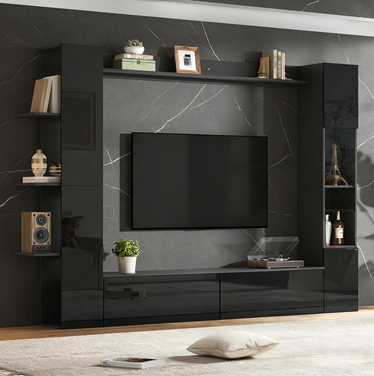 WOHNWAND mit TV-Schrank 245 x 30 x 170 cm 4-tlg. - Schwarz, Holzwerkstoff (30/170/245cm) - Beauniv