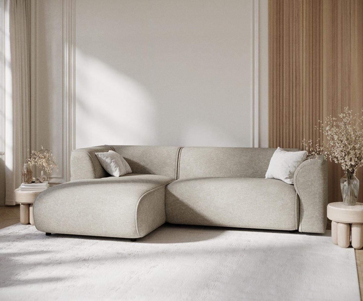 ECKSOFA Melani Beige Grau Chenille-Stoff - Beige/Schwarz, Holz/Holzwerkstoff (253/153cm) - Maison de Reve