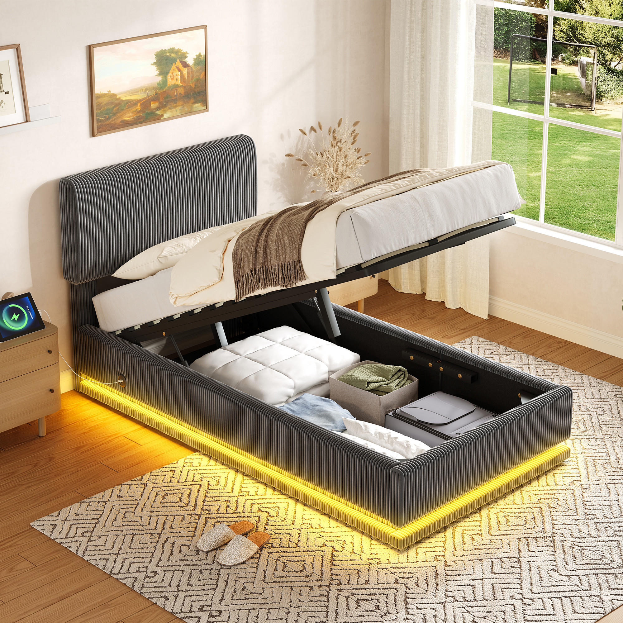 POLSTERBETT 90x200 cm LED USB Stauraum grau - Dunkelgrau, Textil (90/200cm) - LEBENLANG