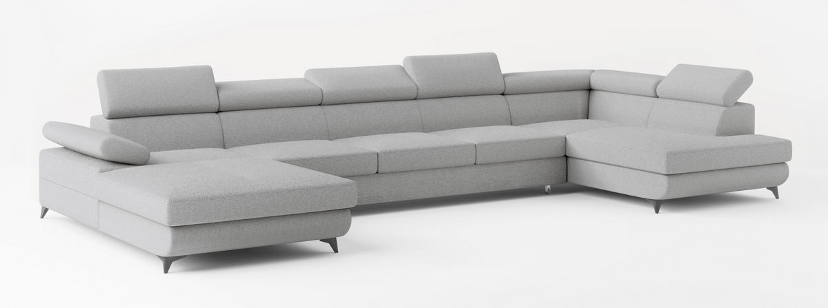 WOHNLANDSCHAFT MONTIVA Hellgrau Boucle-Stoff mit Schlaffunktion - Hellgrau, Holz (410/89/190cm) - MASSENO