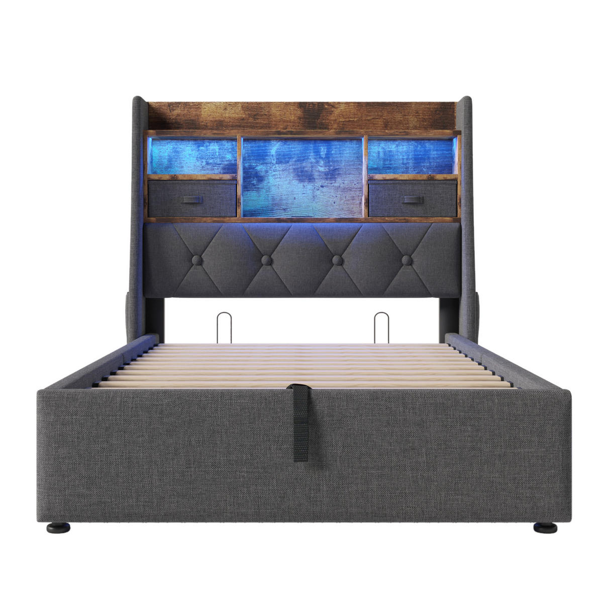 POLSTERBETT 90/200 cm grau aus Leinen mit LED und Stauraum - Grau, Textil (90/200cm) - OKWISH