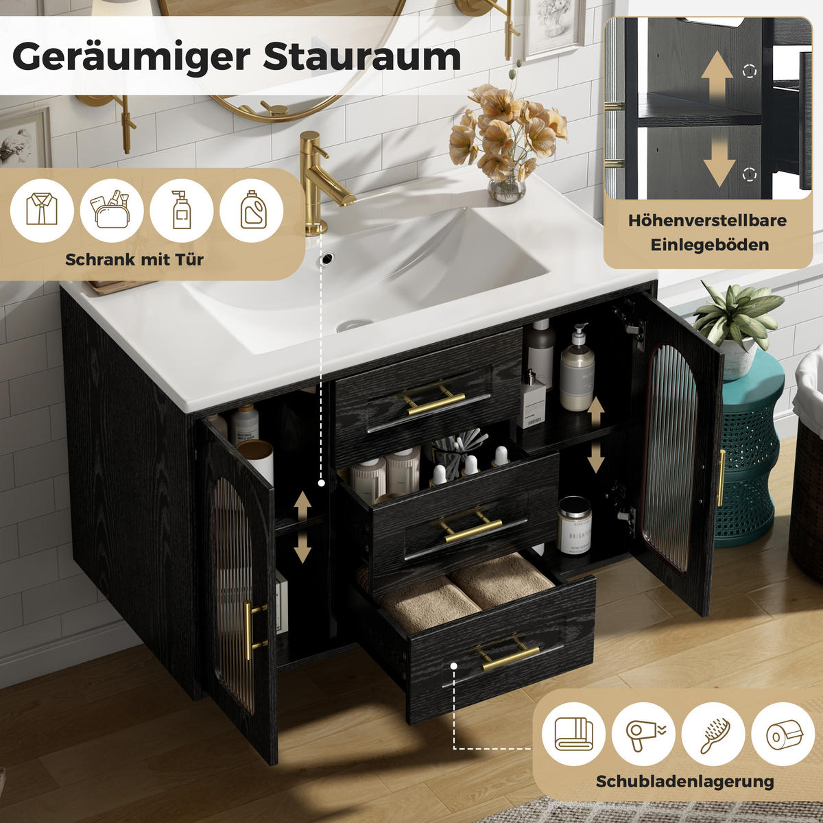 BADEZIMMERSCHRANK Wandmontiert Waschbecken LED Glasfront Schwarz 76cm - Schwarz, Glas (76/55/46cm) - FLIEKS