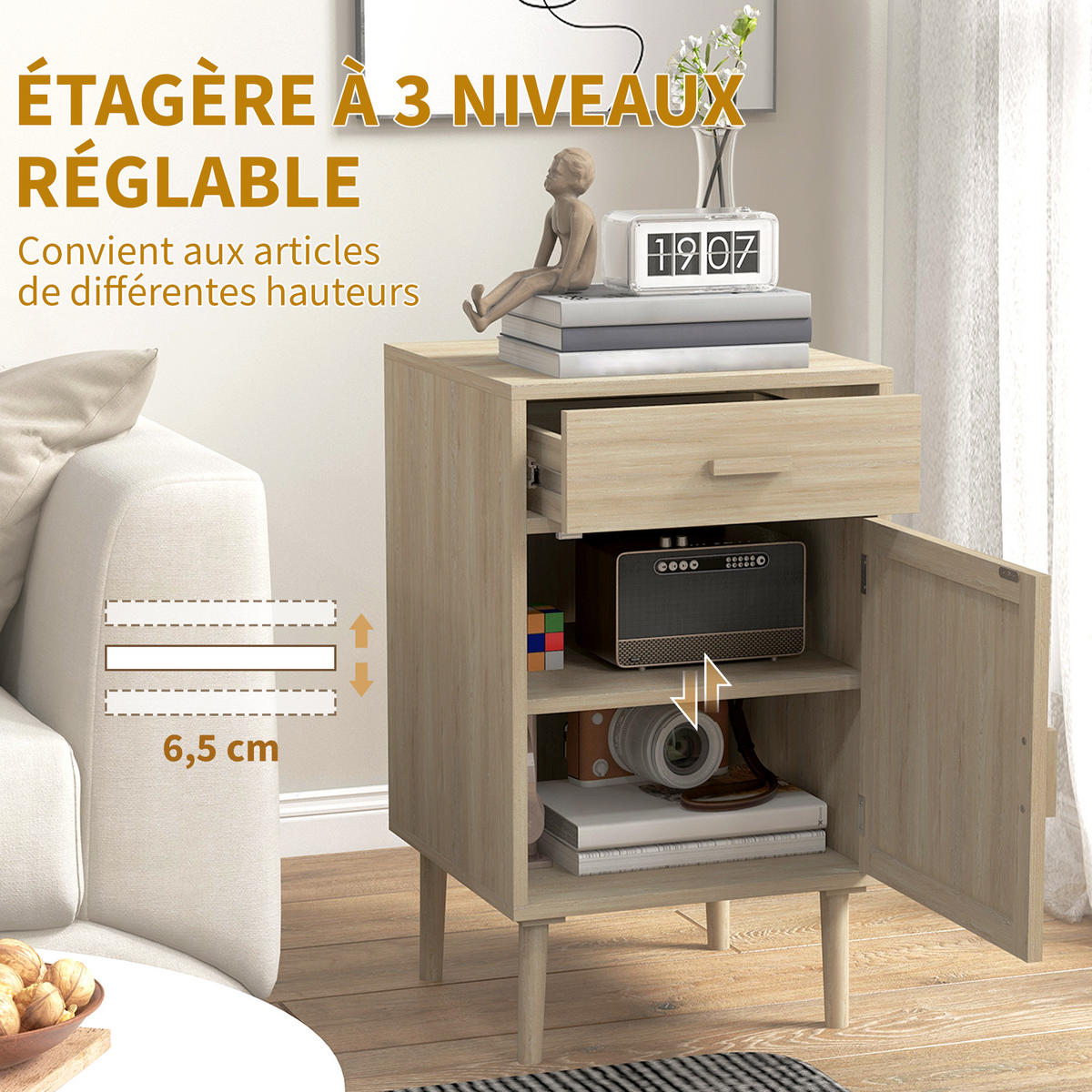 NACHTTISCH Eiche Spanplatte Rattan mit Schublade und Tür 2er-Set - Eichefarben, Holzwerkstoff (40/68.5/40cm) - PANGIVO