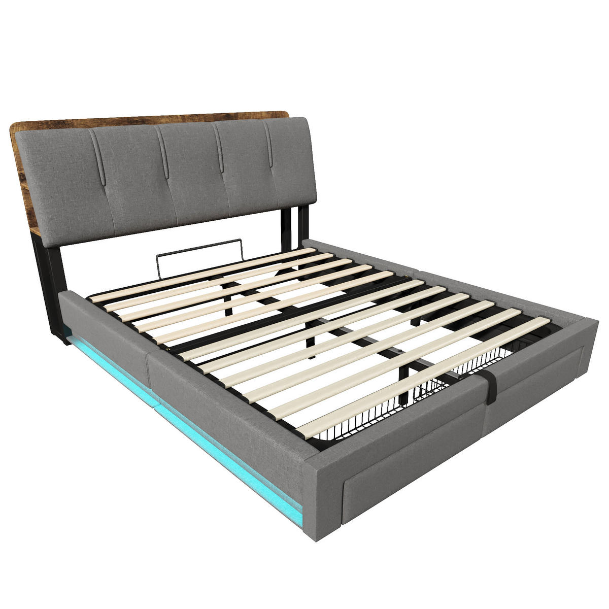 POLSTERBETT 140/200 cm Grau mit USB-Typ-C-Ladeanschluss, LED-Beleuchtung und 2 Schubladen - Grau, Textil (140/200cm) - Oxeza
