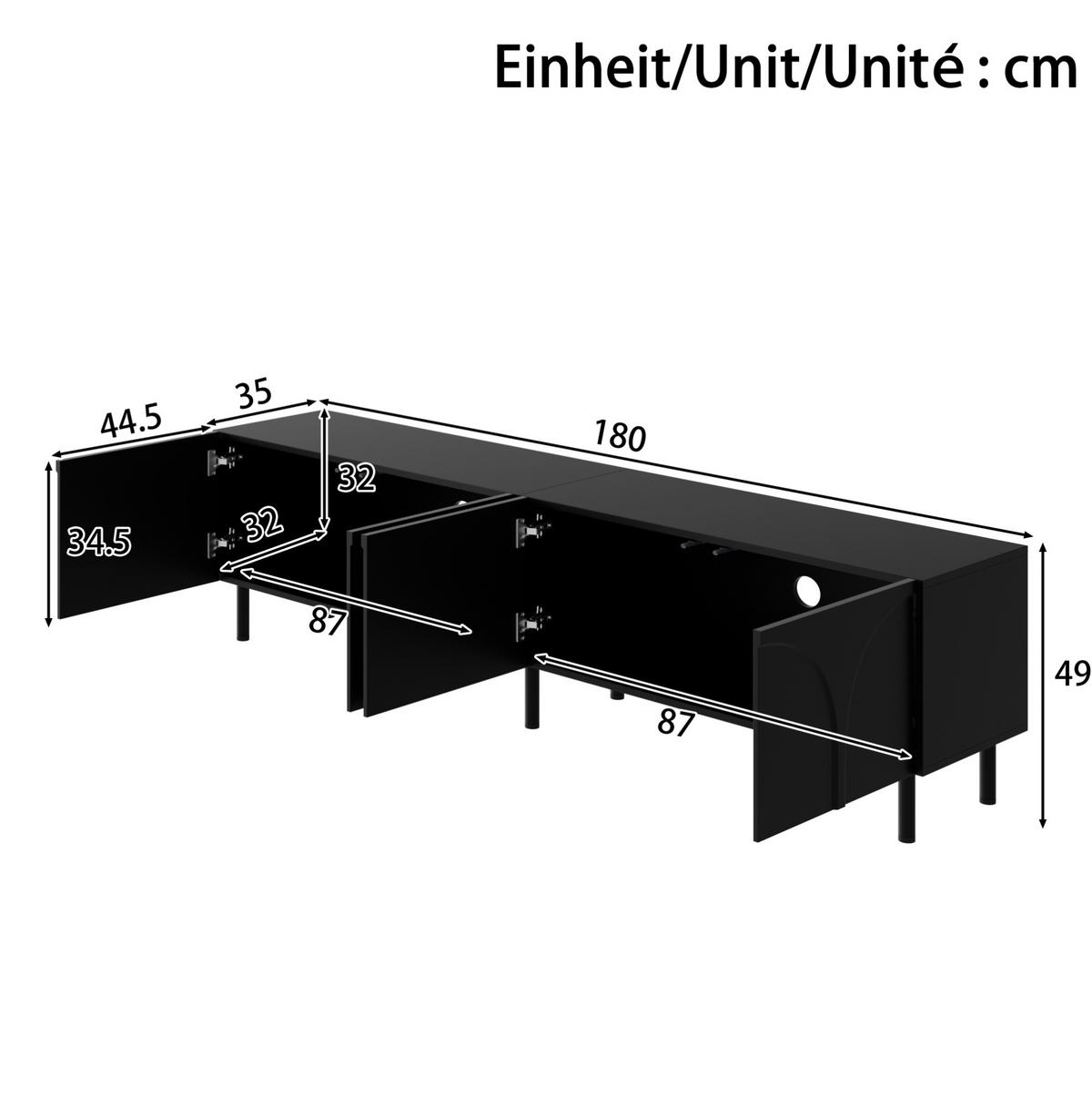 TV-SCHRANK mit 4 Türen 180 cm Schwarz mit Metallfüßen - Schwarz, Holzwerkstoff (35/49/180cm) - Beauniv