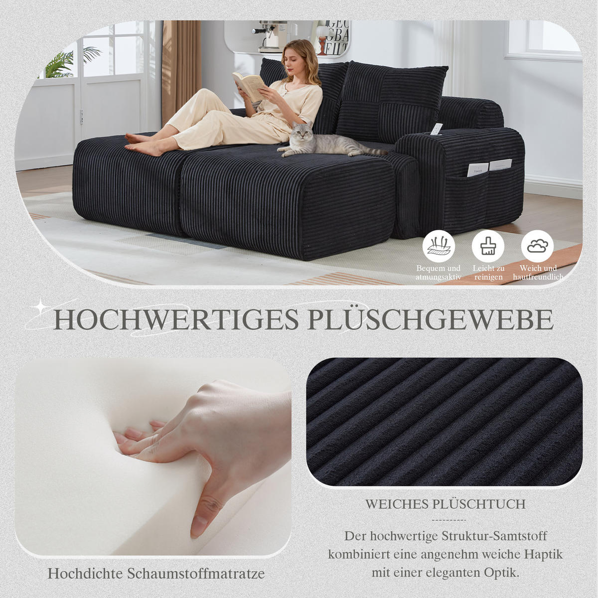 MODULARES 2-Sitzer Sofa Cordstoff mit Getränkehalter und Seitentasche 200/174/80 cm Schwarz - Schwarz, Textil (174/80/200cm) - Redom