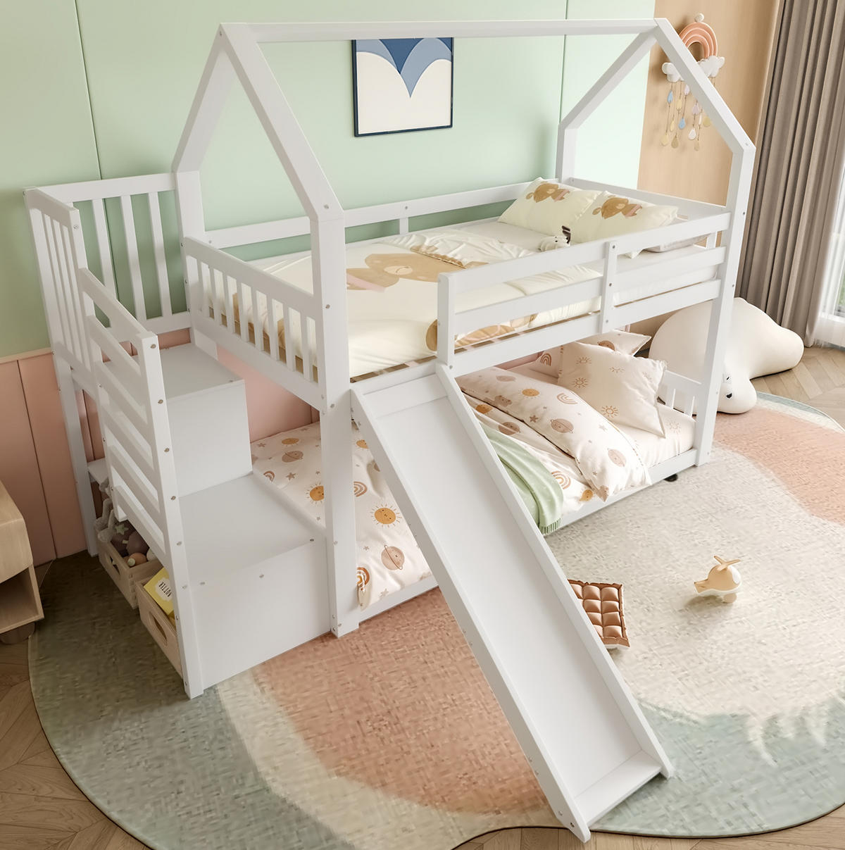 ETAGENBETT Hausbett mit Rutsche und Stauraumtreppe, 90/200 cm, Weiß, ohne Matratze - Weiß, Holz (90/200cm) - MIVRAY