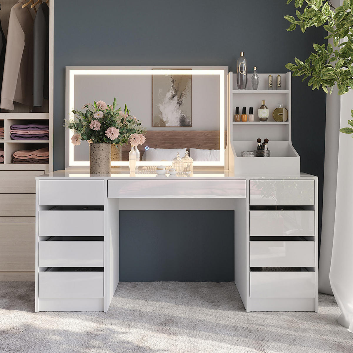 SCHMINKTISCH Sherry Weiß/Weiß Hochglanz 158.2 cm 3 Teile - Weiß Hochglanz, Holzwerkstoff (158.2/76/50.1cm) - Vicco