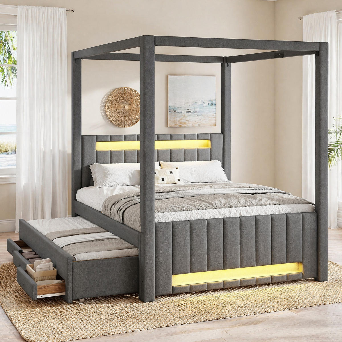 POLSTERBETT 140/200 mit Ausziehbett, Schubladen und LED-Beleuchtung in Grau - Grau, Holzwerkstoff/Textil (140/200cm) - EVRYAE