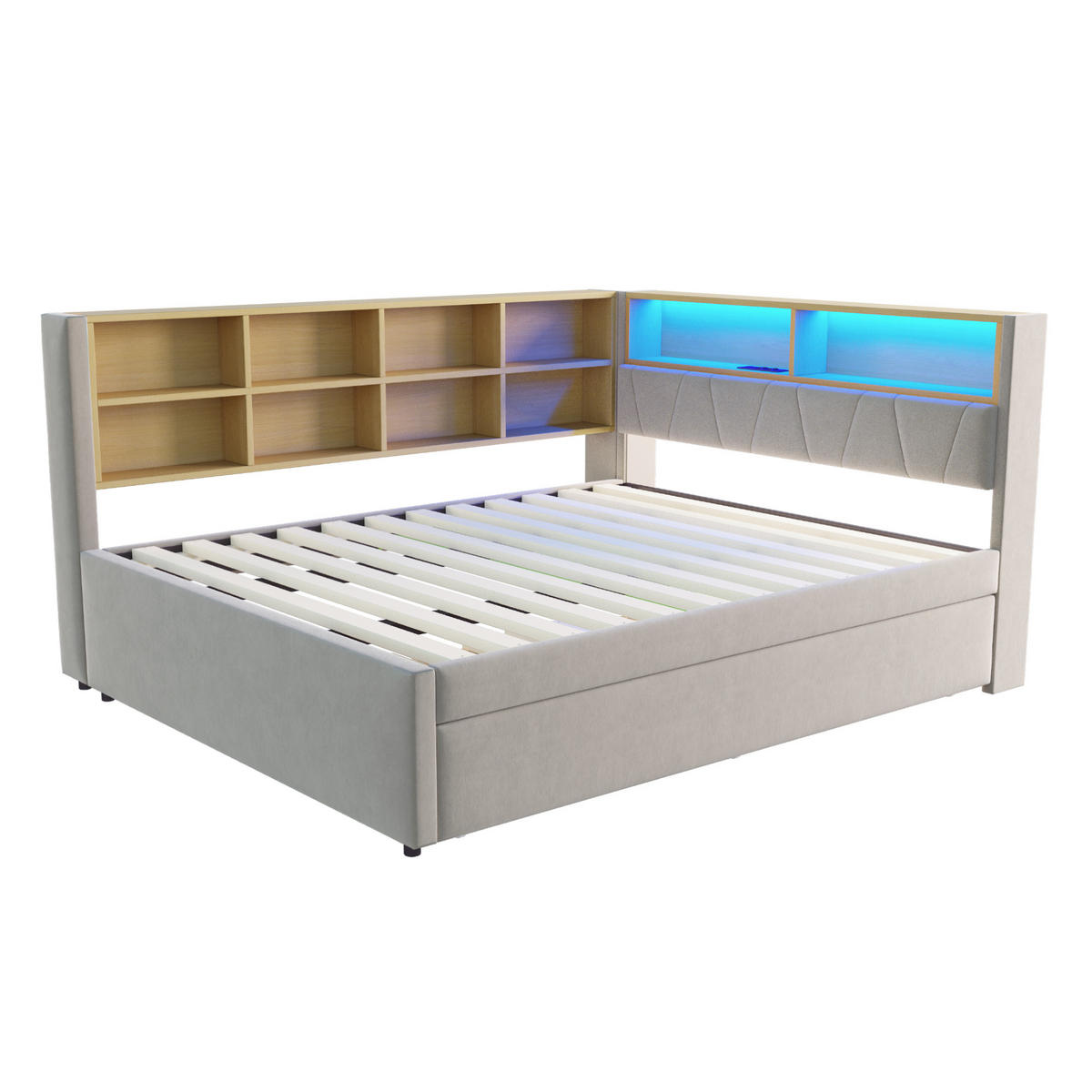 BETT Multifunktionales mit Ausziehbett 90/190 cm & LED-Beleuchtung Flanell Hellgrau 140/200 cm - Hellgrau, Textil (90/190cm) - OKWISH