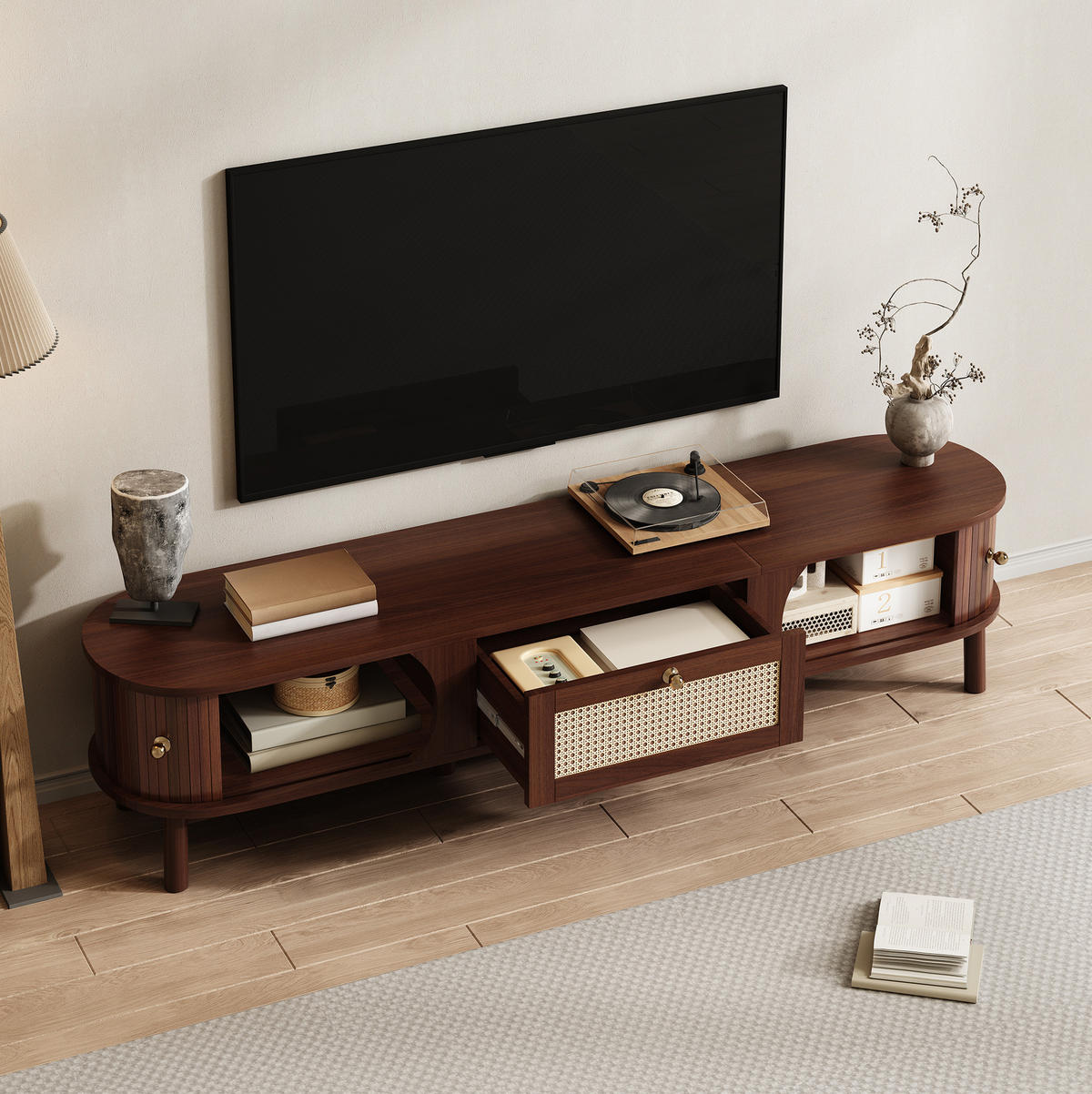 LOWBOARD 170/39,5/38 cm aus Holzwerkstoff und Rattan mit Schiebetür und Schubladen Naturfarben - Eichefarben, Holzwerkstoff (170/38/39.5cm) - Modenvie