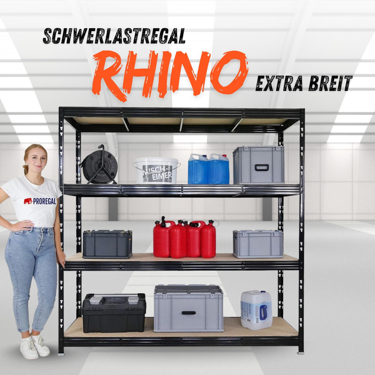 SCHWERLASTREGAL Rhino 200x200x60 cm 4 Spanplatten-Ebenen 16mm Fachlast 500 kg Schwarz - Schwarz, Metall (200/200/60cm) - PROREGAL