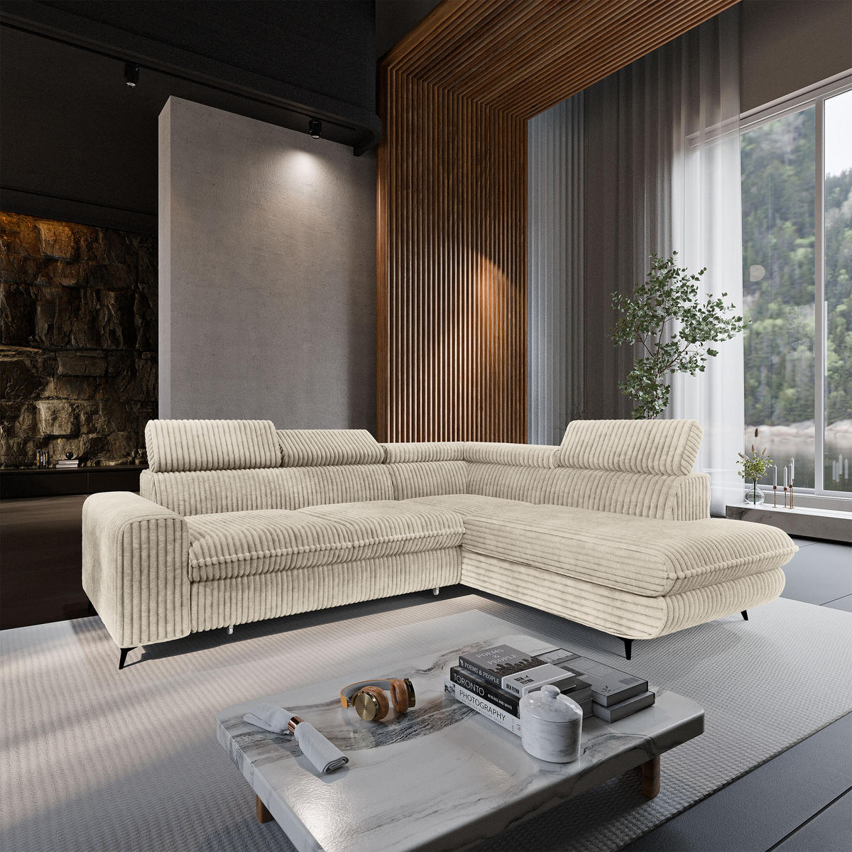 ECKSOFA VELISS Creme Kordstoff mit Schlaffunktion - Creme, Holz (255/193cm) - MASSENO