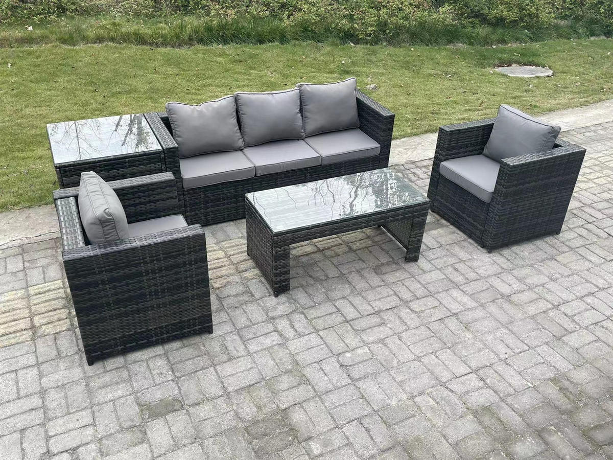 GARTENMÖBELSET mit Couchtisch Polyrattan 5-Sitzer - Dunkelgrau/Grau, Glas/Kunststoff - Fimous