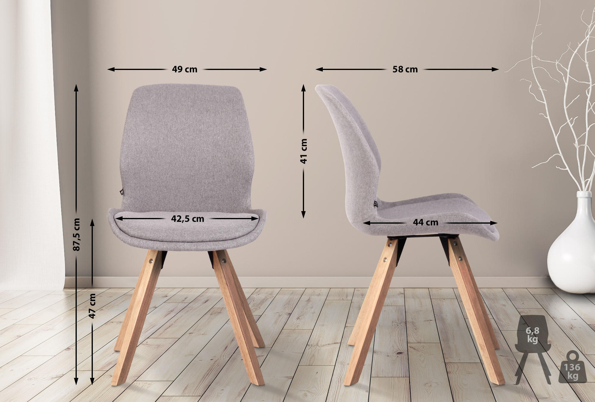 STUHL Stoff grau - Eukalyptusholzfarben/Grau, Holz/Textil (49/87.5/58cm) - CLP