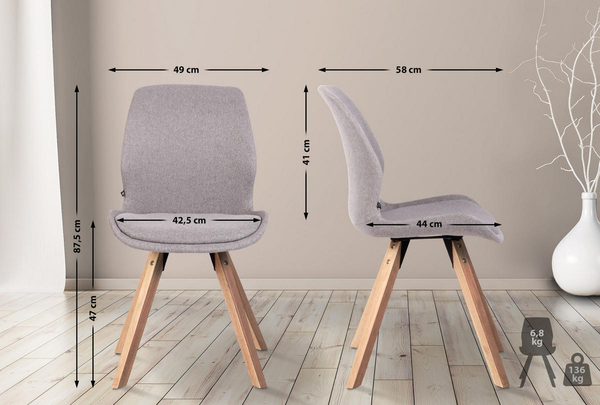 STUHL Stoff grau - Eukalyptusholzfarben/Grau, Holz/Textil (49/87.5/58cm) - CLP