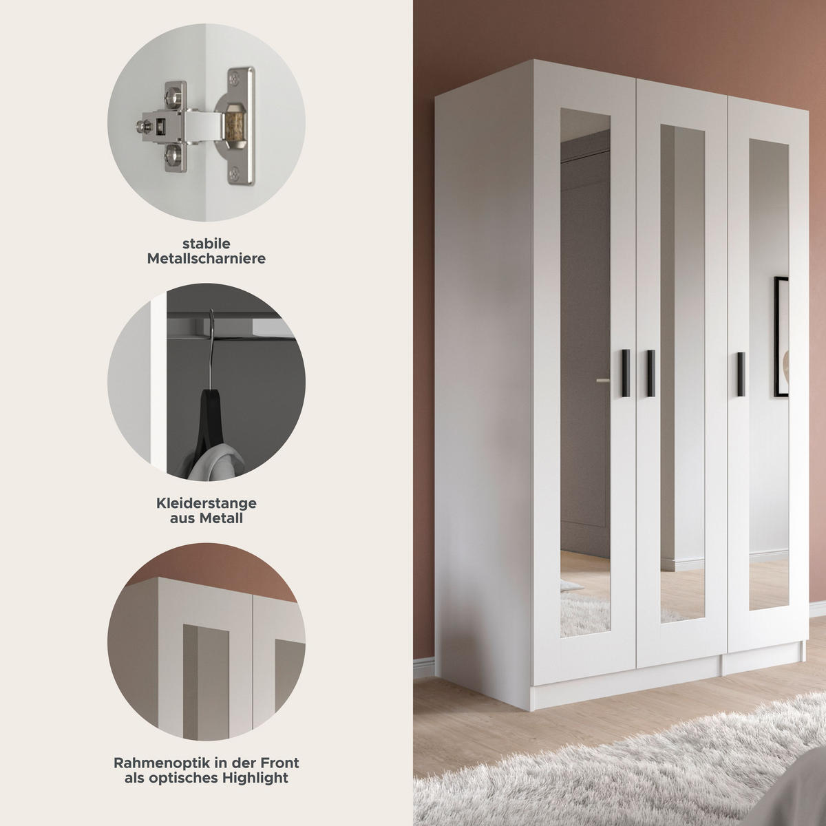 KLEIDERSCHRANK 3-türig VISBY (B/H/T: ca. 120/195/56 cm) in weiß/weiß - Weiß, Holzwerkstoff (120/195/56cm)