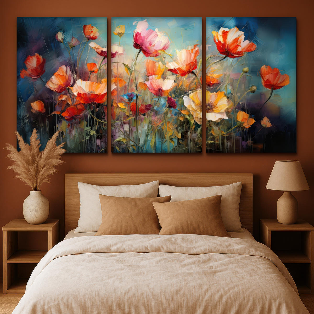 LEINWANDBILD 3er Set Blumen - Bunt - Abstrakt 240x120 cm - Blaugrau, Textil (240/120cm) - MuchoWow