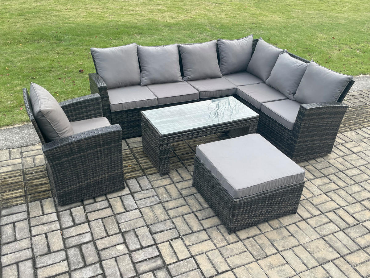 LOUNGEGARNITUR mit Couchtisch Sofa,Hocker Polyrattan Dunkelgrau 8-Sitzer - Dunkelgrau/Grau, Glas/Kunststoff - Fimous