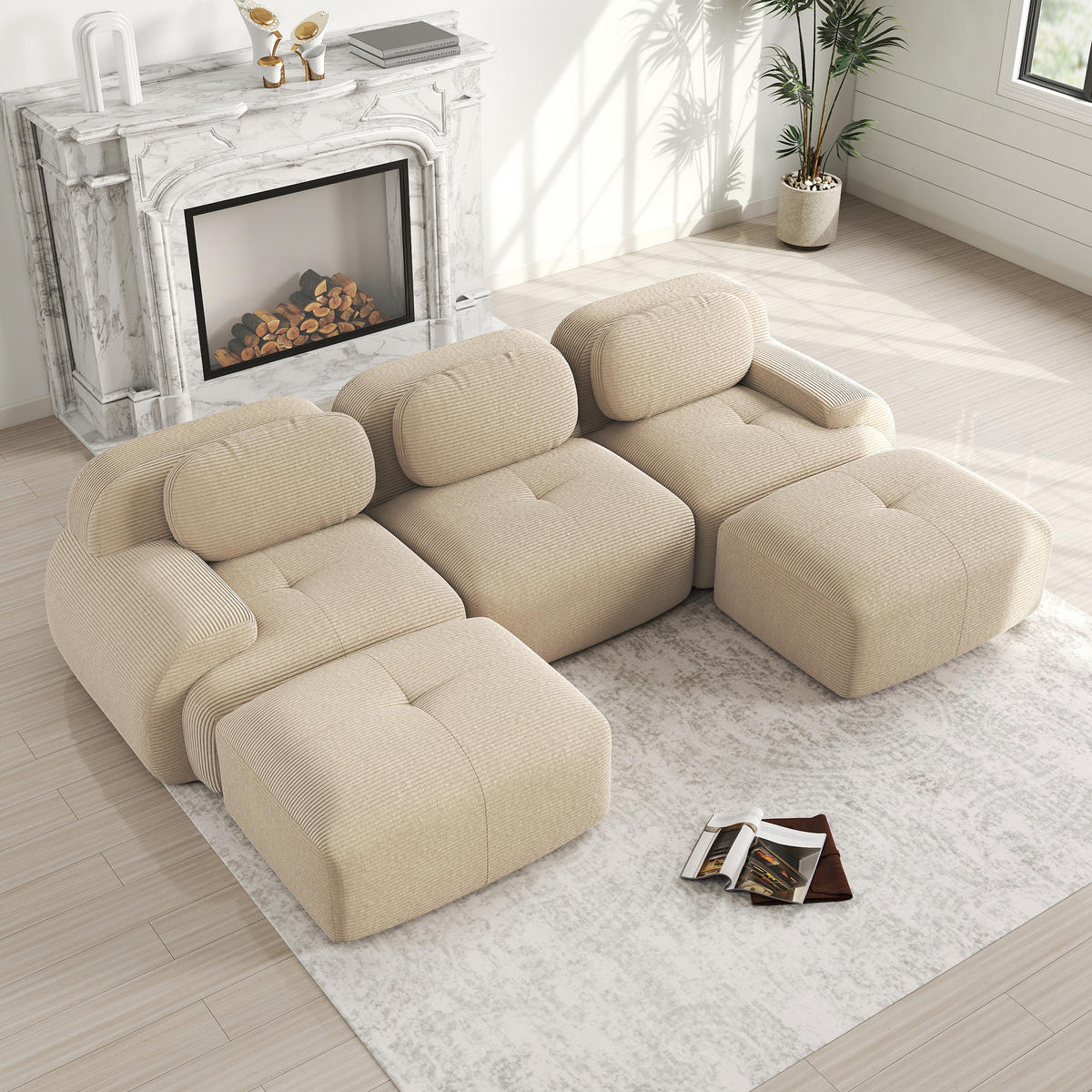 WOHNLANDSCHAFT Cord Beige rutschfest und montagefrei - Beige, Textil (298/75/178cm) - WISHDOR