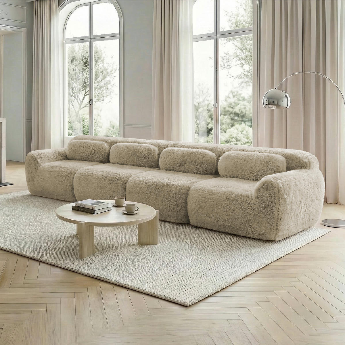 4-SITZER SOFA Plüsch Hellkhaki mit Kissen - Beige, Textil (378/73/104cm) - WISHDOR