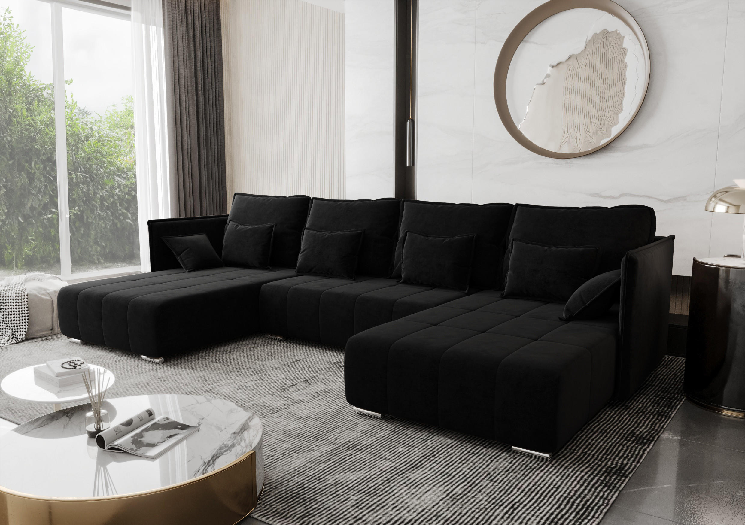 WOHNLANDSCHAFT Florinna Schwarz 345/182/87 cm mit Schlaffunktion - Chromfarben/Schwarz, Textil/Metall (345/87/182cm) - AX Living