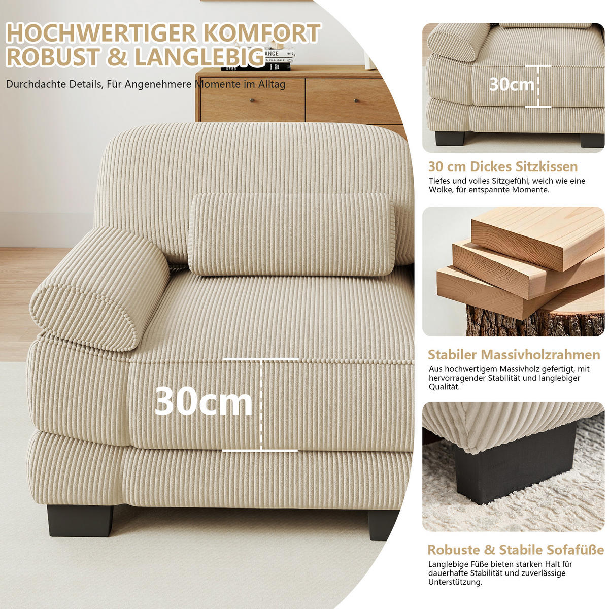 ECKSOFA L-Form 3-Sitzer mit Hocker, DE-42659, Beige - Beige, Holz (265/161cm) - ComfortXL