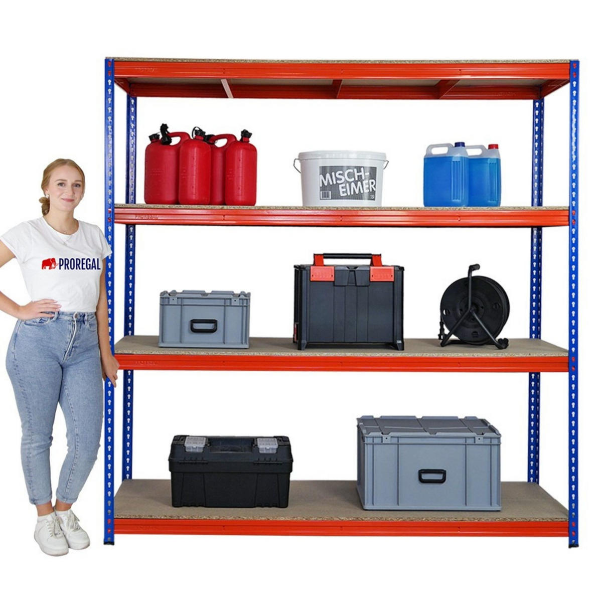 SCHWERLASTREGAL Bison 200x200x60 cm 4 Spanplatten-Ebenen 16mm Fachlast 600 kg Blau-Orange - Blau, Metall (200/200/60cm) - PROREGAL