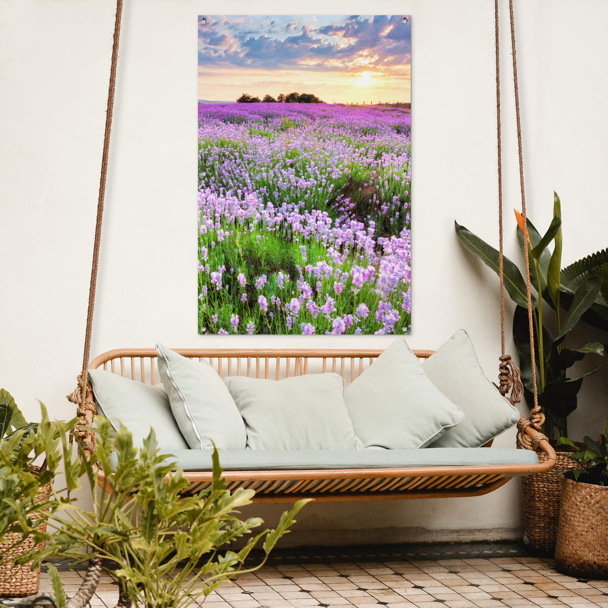 ZAHRADNÍ PLAKÁT Květiny - Levandule - Fialová - Obloha - Západ slunce - Louka - Příroda 80x120 cm - šeříková, plast (80/120/0.2cm) - OnlyWow