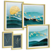 BILDER SET 5er Set - 50x50 cm & 20x30 cm & 40x60 cm Goldrahmen - Stilvolle Landschaften mit Vögeln - Goldfarben, Kunststoff (40/60cm) - TULUP